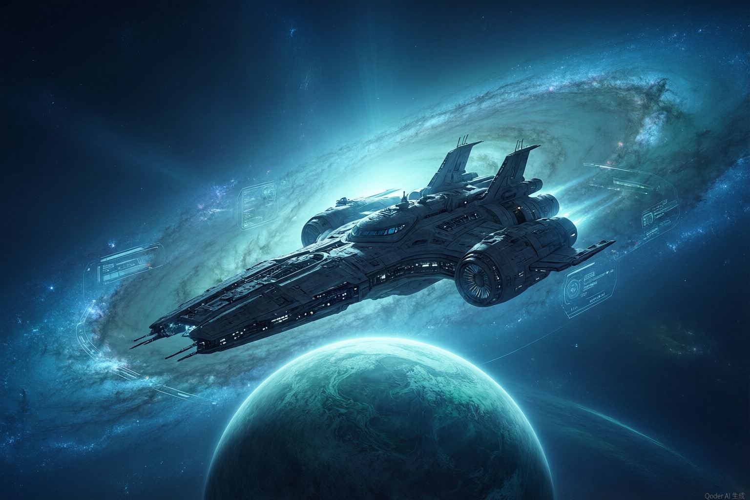 星舰远征 AI 游戏概念原画：深空星域舰队航向发光星核